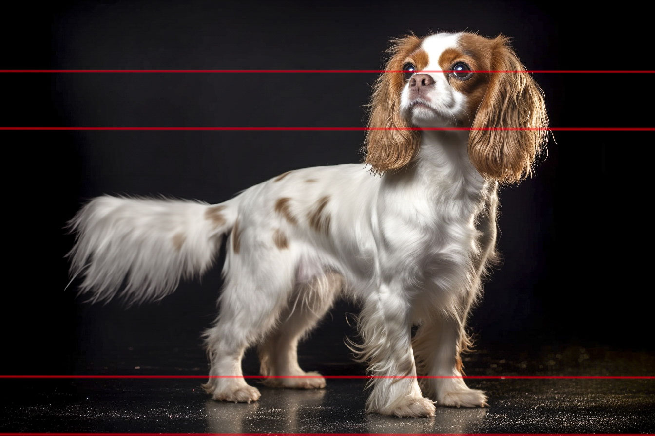 Cavalier King Charles Spaniel standing elegantly against a dark backdrop. The dog exhibits its characteristic long, silky coat with white and brown patches, and its fur is well-groomed and flowing, especially around the ears, legs, and tail